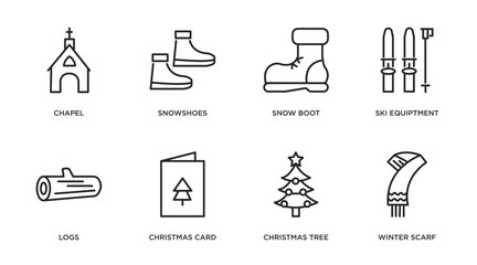 winter outline icons set. thin line icons such as chapel, snowshoes, snow boot, ski equiptment, logs, christmas card, christmas tree, winter scarf vector.