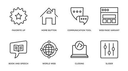 web outline icons set. thin line icons such as favorite up, home button, communication tool, web page variant, book and speech bubble, world web, closing, slider vector.