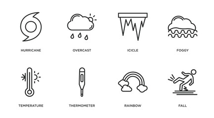 weather outline icons set. thin line icons such as hurricane, overcast, icicle, foggy, temperature, thermometer, rainbow, fall vector.