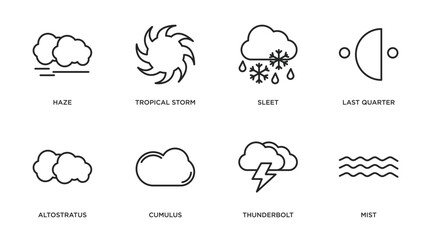 weather outline icons set. thin line icons such as haze, tropical storm, sleet, last quarter, altostratus, cumulus, thunderbolt, mist vector.