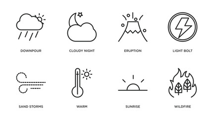 weather outline icons set. thin line icons such as downpour, cloudy night, eruption, light bolt, sand storms, warm, sunrise, wildfire vector.