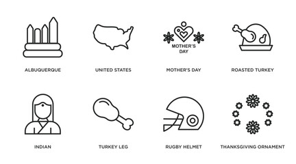 united states of america outline icons set. thin line icons such as albuquerque, united states, mother's day, roasted turkey, indian, turkey leg, rugby helmet, thanksgiving ornament vector.