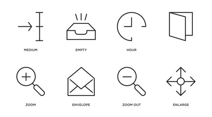 user interface outline icons set. thin line icons such as medium, empty, hour, , zoom, envelope, zoom out, enlarge vector.