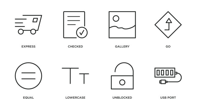 user interface outline icons set. thin line icons such as express, checked, gallery, go, equal, lowercase, unblocked, usb port vector.