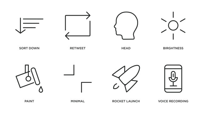 user interface outline icons set. thin line icons such as sort down, retweet, head, birghtness, paint, minimal, rocket launch, voice recording vector.
