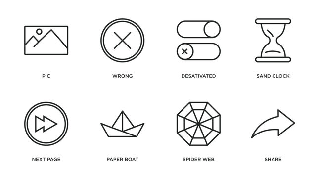 user interface outline icons set. thin line icons such as pic, wrong, desativated, sand clock, next page, paper boat, spider web, share vector.