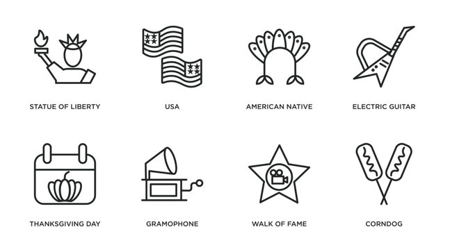 united states of america outline icons set. thin line icons such as statue of liberty, usa, american native, electric guitar, thanksgiving day, gramophone, walk of fame, corndog vector.