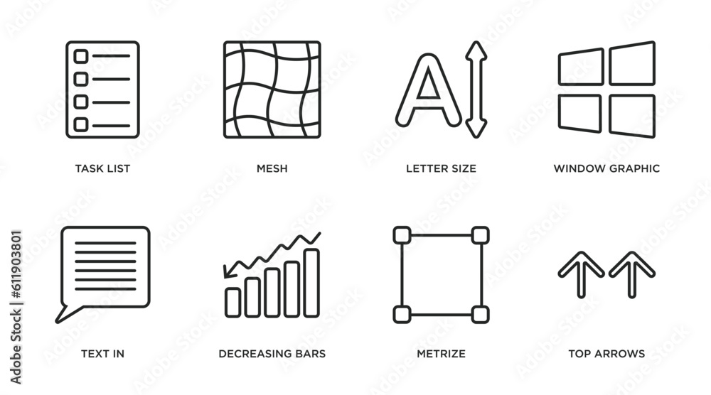 Poster user interface outline icons set. thin line icons such as task list, mesh, letter size, window graph