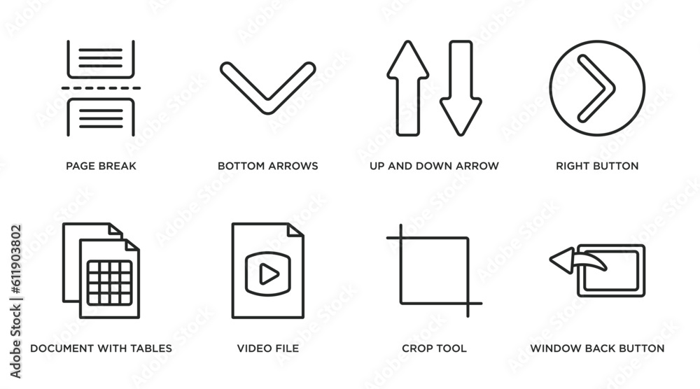 Poster user interface outline icons set. thin line icons such as page break, bottom arrows, up and down arr