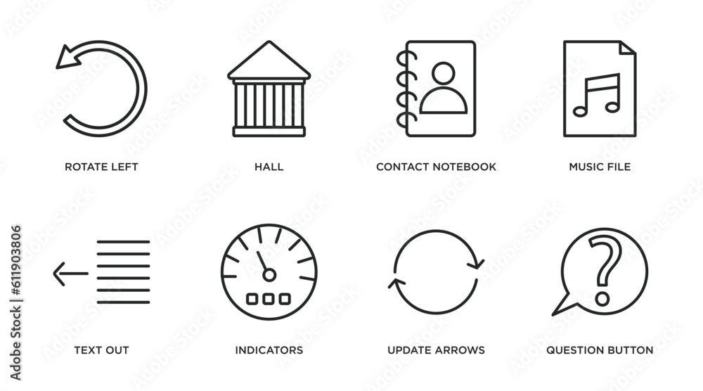 Poster user interface outline icons set. thin line icons such as rotate left, hall, contact notebook, music