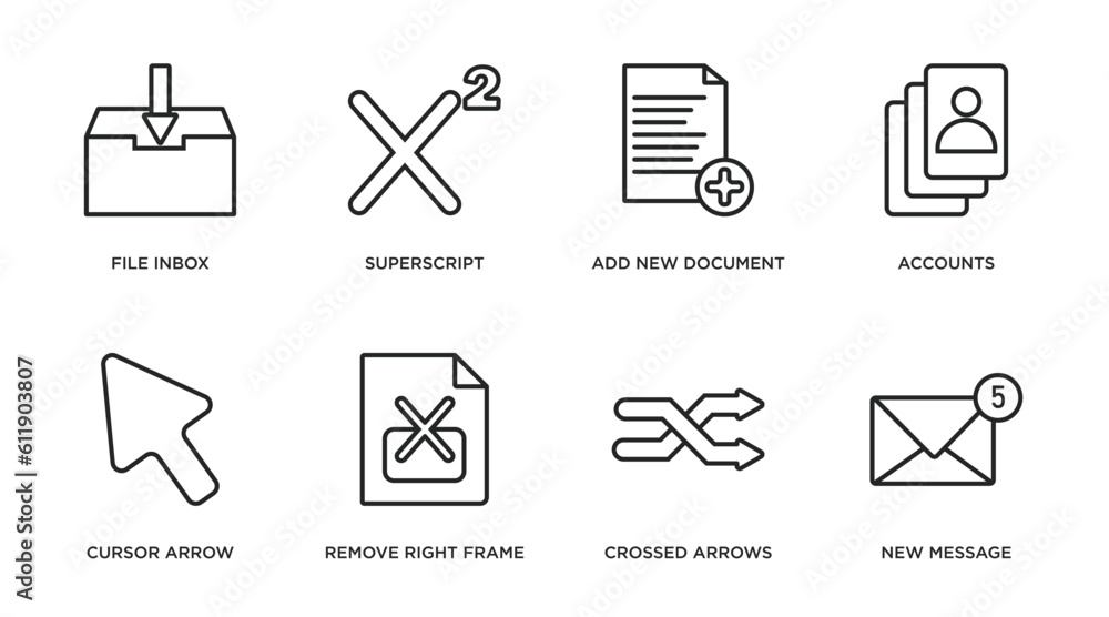 Poster user interface outline icons set. thin line icons such as file inbox, superscript, add new document,