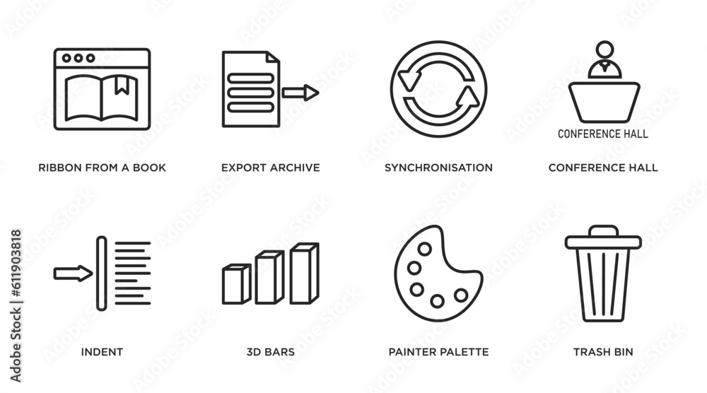 Poster user interface outline icons set. thin line icons such as ribbon from a book, export archive, synchr