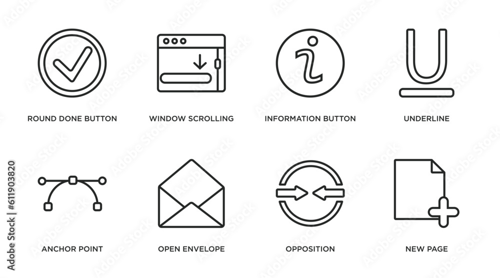 Poster user interface outline icons set. thin line icons such as round done button, window scrolling right,