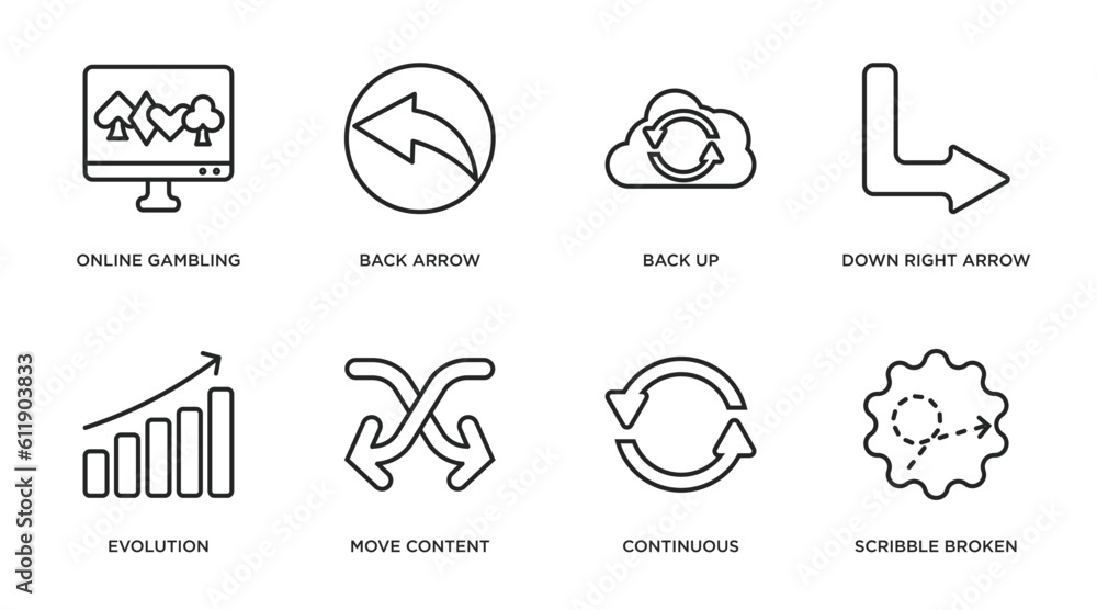 Poster user interface outline icons set. thin line icons such as online gambling, back arrow, back up, down