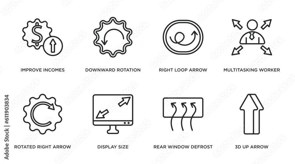 Poster user interface outline icons set. thin line icons such as improve incomes, downward rotation, right 
