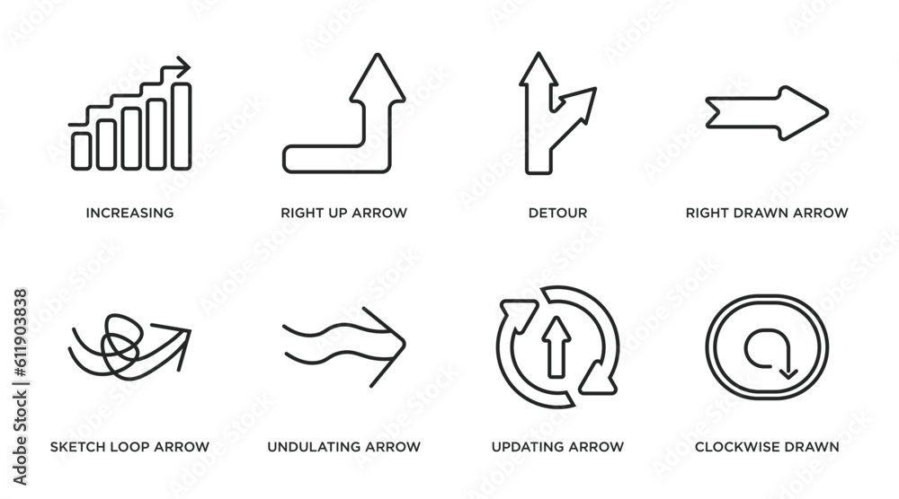 Poster user interface outline icons set. thin line icons such as increasing, right up arrow, detour, right 