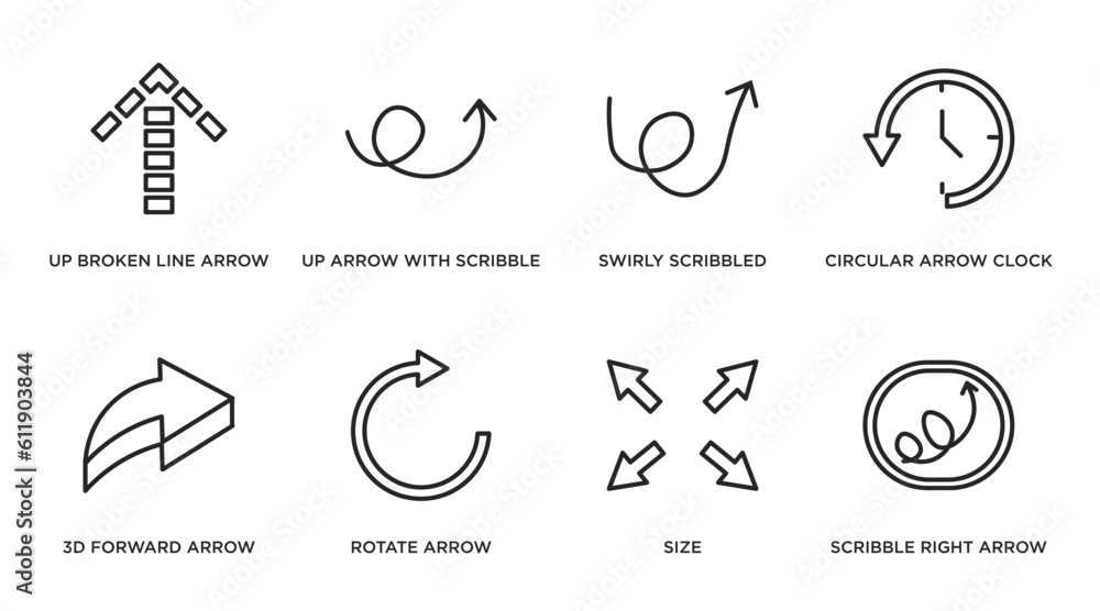 Poster user interface outline icons set. thin line icons such as up broken line arrow, up arrow with scribb