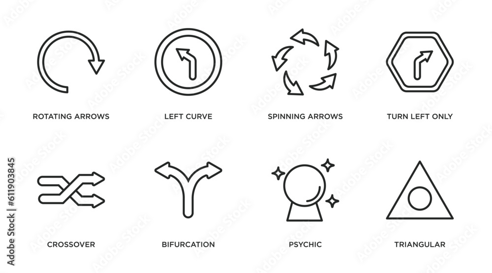Poster user interface outline icons set. thin line icons such as rotating arrows, left curve, spinning arro