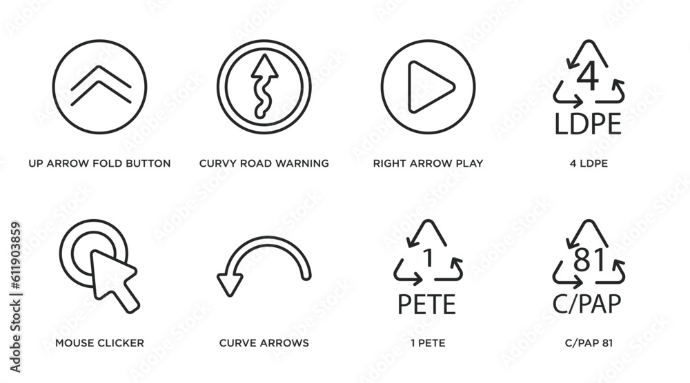 Poster user interface outline icons set. thin line icons such as up arrow fold button, curvy road warning, 