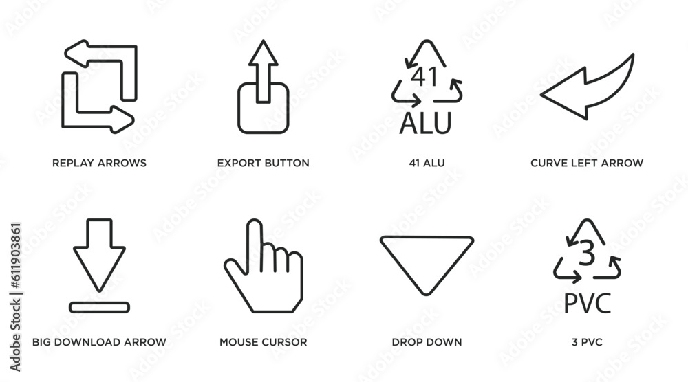 Poster user interface outline icons set. thin line icons such as replay arrows, export button, 41 alu, curv