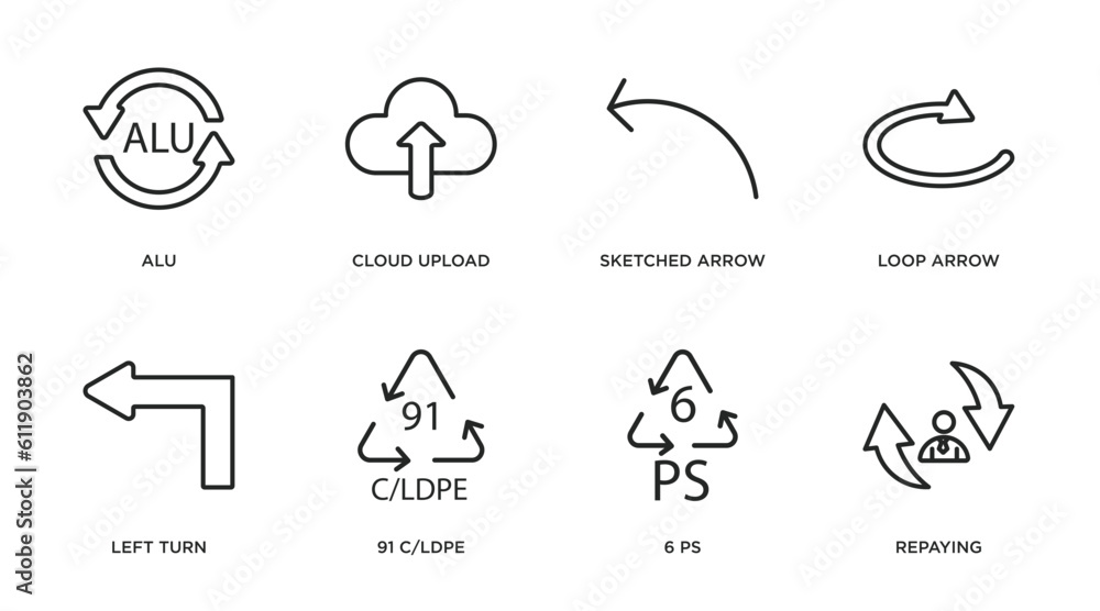 Poster user interface outline icons set. thin line icons such as alu, cloud upload, sketched arrow, loop ar
