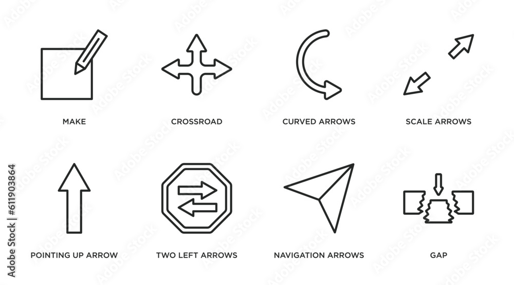 Aufkleber user interface outline icons set. thin line icons such as make, crossroad, curved arrows, scale arro