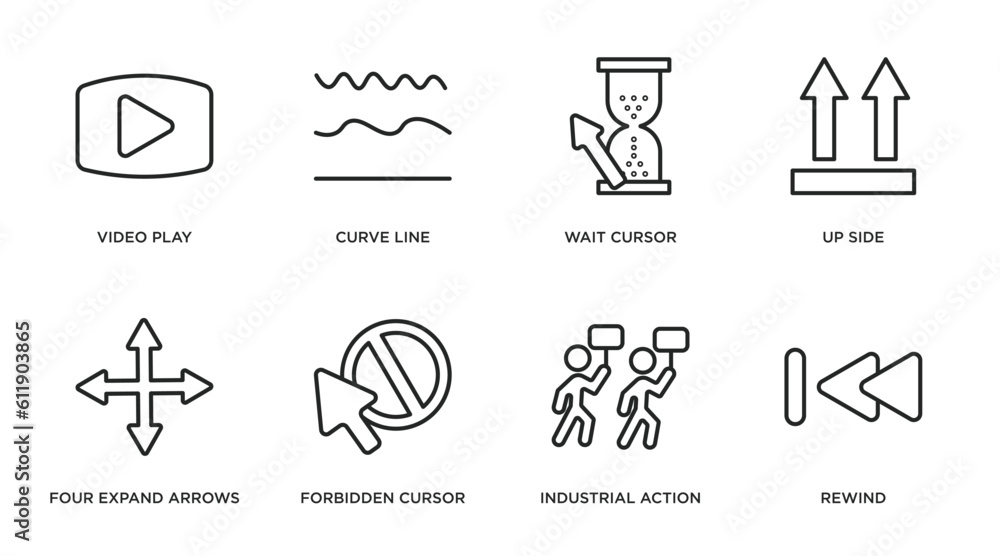 Poster user interface outline icons set. thin line icons such as video play, curve line, wait cursor, up si