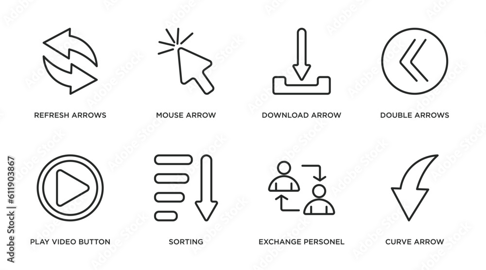 Poster user interface outline icons set. thin line icons such as refresh arrows, mouse arrow, download arro