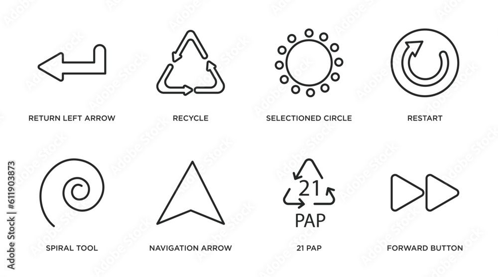 Poster user interface outline icons set. thin line icons such as return left arrow, recycle, selectioned ci