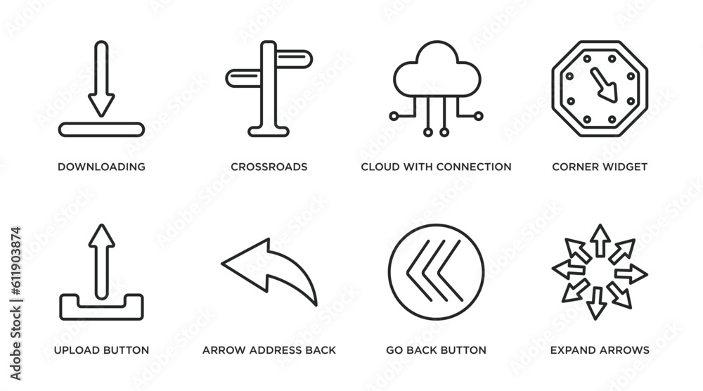 Poster user interface outline icons set. thin line icons such as downloading, crossroads, cloud with connec