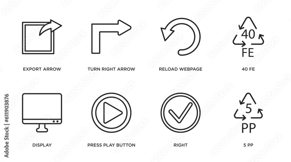 Poster user interface outline icons set. thin line icons such as export arrow, turn right arrow, reload web