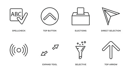 user interface outline icons set. thin line icons such as spellcheck, top button, elections, direct selection, , expand tool, selective, top arrow vector.