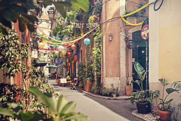 Fototapeta premium streets of Lisbon Portugal, green street, street art