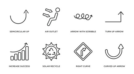 user interface outline icons set. thin line icons such as semicircular up arrow, air outlet, arrow with scribble, turn up arrow, increase success, solar recycle, right curve, curved up vector.