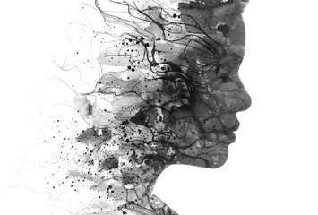 An artistic black and white woman's profile paintography portrait