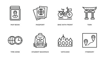 travel outline icons set. thin line icons such as map book, passport, bike with front basket, torii, time zone, student backpack, vaticano, itinerary vector.