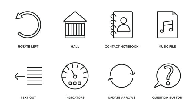 user interface outline icons set. thin line icons such as rotate left, hall, contact notebook, music file, text out, indicators, update arrows, question button vector.