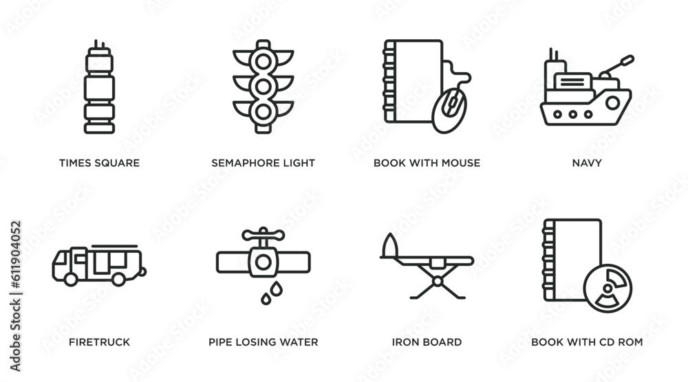 Aufkleber tools and utensils outline icons set. thin line icons such as times square, semaphore light, book wi