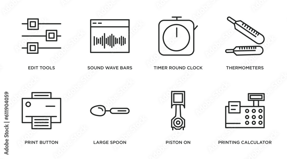 Poster tools and utensils outline icons set. thin line icons such as edit tools, sound wave bars, timer rou
