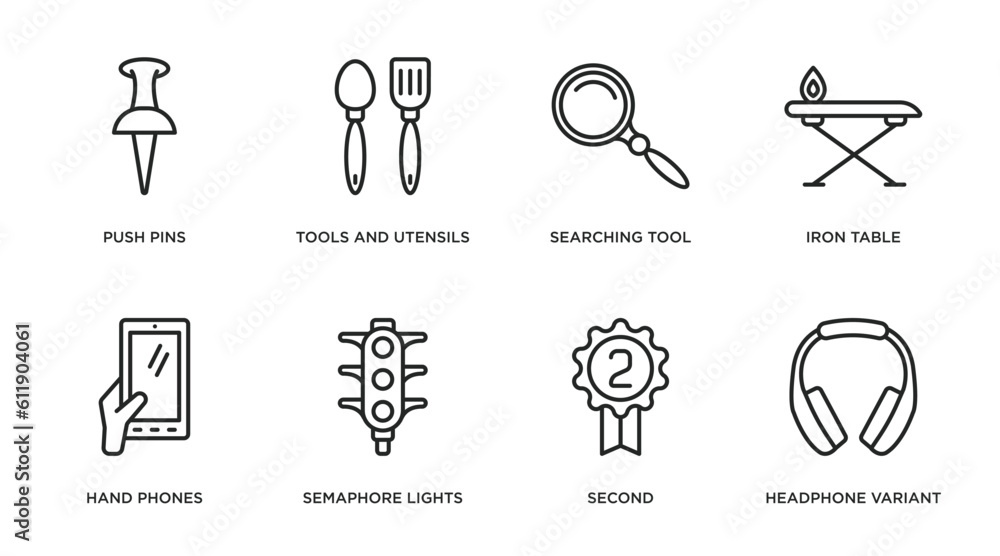 Poster tools and utensils outline icons set. thin line icons such as push pins, tools and utensils, searchi