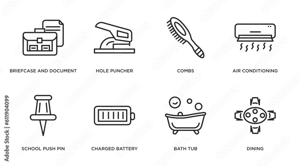 Poster tools and utensils outline icons set. thin line icons such as briefcase and document, hole puncher, 