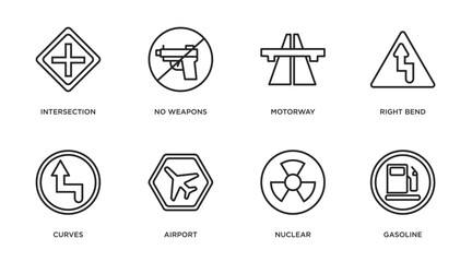 traffic signs outline icons set. thin line icons such as intersection, no weapons, motorway, right bend, curves, airport, nuclear, gasoline vector.