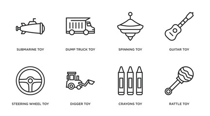 toys outline icons set. thin line icons such as submarine toy, dump truck toy, spinning toy, guitar steering wheel digger crayons rattle vector.