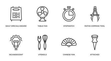 tools and utensils outline icons set. thin line icons such as daily specials board, table fan, stopwatch, maths compass tool, incandescent, utensils, chinese fan, attached vector.
