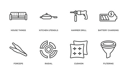 tools and utensils outline icons set. thin line icons such as house things, kitchen utensils, hammer drill, battery charging, forceps, radial, cushion, filtering vector.
