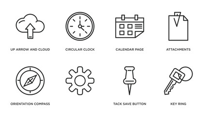 tools and utensils outline icons set. thin line icons such as up arrow and cloud, circular clock, calendar page, attachments, orientation compass, , tack save button, key ring vector.