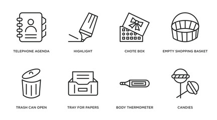 tools and utensils outline icons set. thin line icons such as telephone agenda, highlight, chote box, empty shopping basket, trash can open, tray for papers, body thermometer, candies vector.