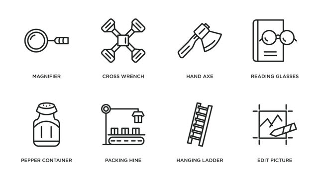 tools and utensils outline icons set. thin line icons such as magnifier, cross wrench, hand axe, reading glasses, pepper container, packing hine, hanging ladder, edit picture vector.