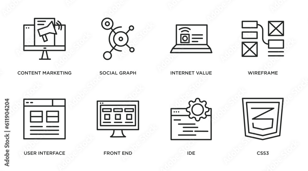 Poster technology outline icons set. thin line icons such as content marketing, social graph, internet valu