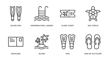 summer outline icons set. thin line icons such as diving fins, swimming pool ladder, plane ticket, sea turtle, postcard, island, fins, pair of flip flops vector.